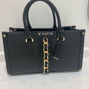 Aldo Black Satchel Purse with Gold Chain Detail